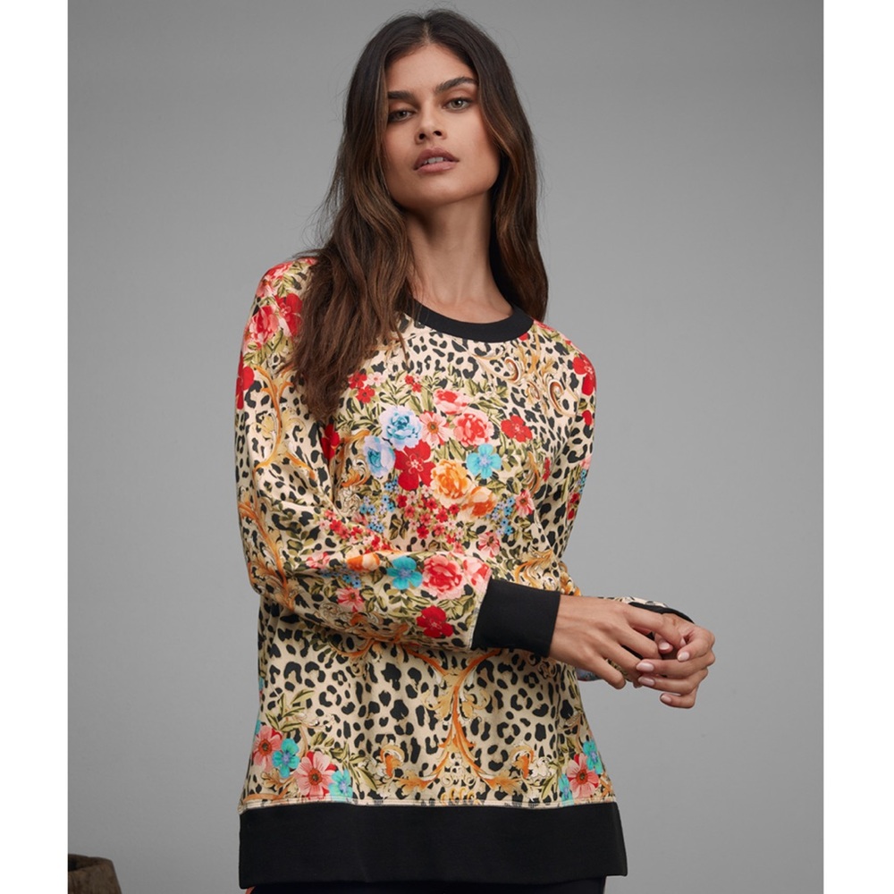 Johnny Was Cheetah High Low Crew Neck Sweatshirt Floral Long Sleeve Pullover Top